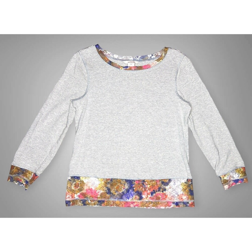 SUNDANCE Long Sleeve Cotton Top Womens XS Gray Striped Floral Lace Hems Romantic
